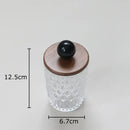 Diamond pattern glass jewelry jar with walnut lid bedroom storage by Decorbites