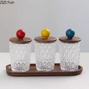 Diamond pattern glass jewelry jar with walnut lid bedroom storage by Decorbites