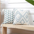 Diamond tufted blue and white cushion cover living room with tassels by Decorbites