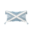 Diamond tufted blue and white cushion cover living room with tassels by Decorbites
