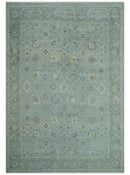 Distressed Hand Knotted Blue And Beige Traditional Design 9x13 Wool Area Rug