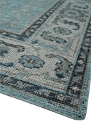 Distressed Hand Knotted Multi Size Blue, Silver and Charcoal Traditional Low Pile Wool Area Rug