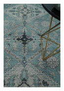 Distressed Hand Knotted Multi Size Blue, Silver and Charcoal Traditional Low Pile Wool Area Rug