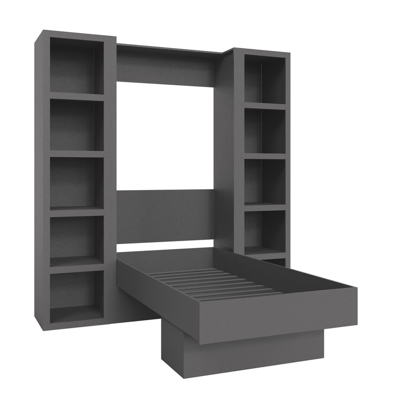 Easy-Lift Twin Murphy Wall Bed in Dark Grey with Two Bookshelves
