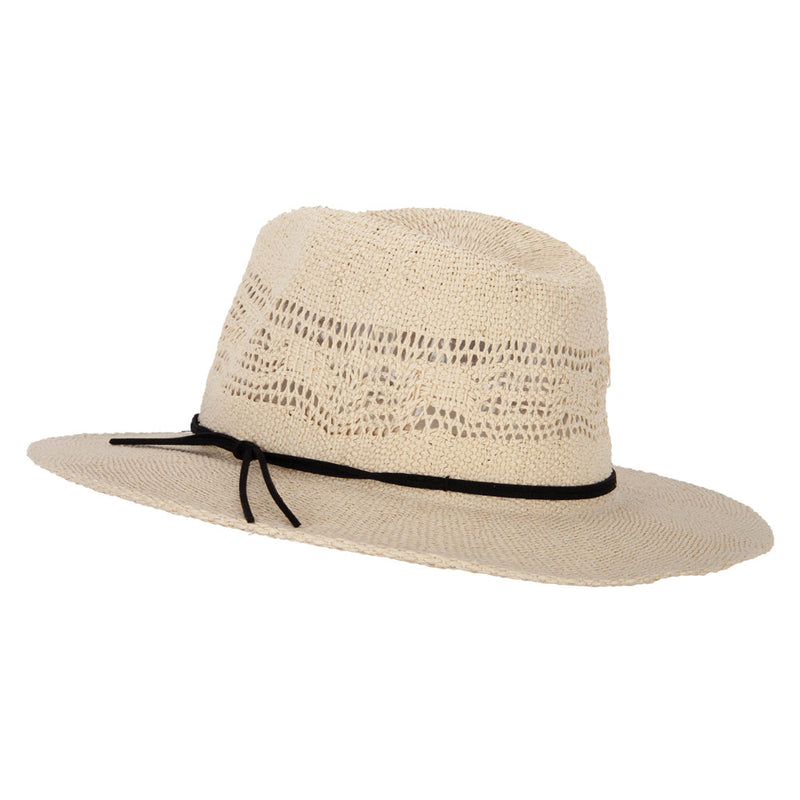 Women's Paper Open Weave Designed Crown Large Brim Fedora Hat