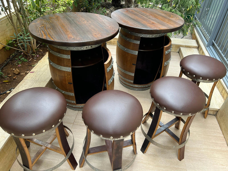 Double Oak Barrel Pub Table Set, Bourbon Wine Barrel Cabinet, Door Storage with Stemware Shelf, Barrel Cabinet, Barrel Bar, Whiskey Barrel Bar, Liquor, Wine Barrel Cabinet