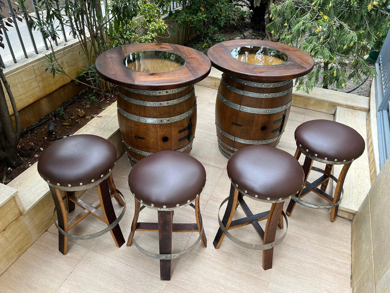 Double Oak Barrel Pub Table Set, Bourbon Wine Barrel Cabinet, Door Storage with Stemware Shelf, Barrel Cabinet, Barrel Bar, Whiskey Barrel Bar, Liquor, Wine Barrel Cabinet