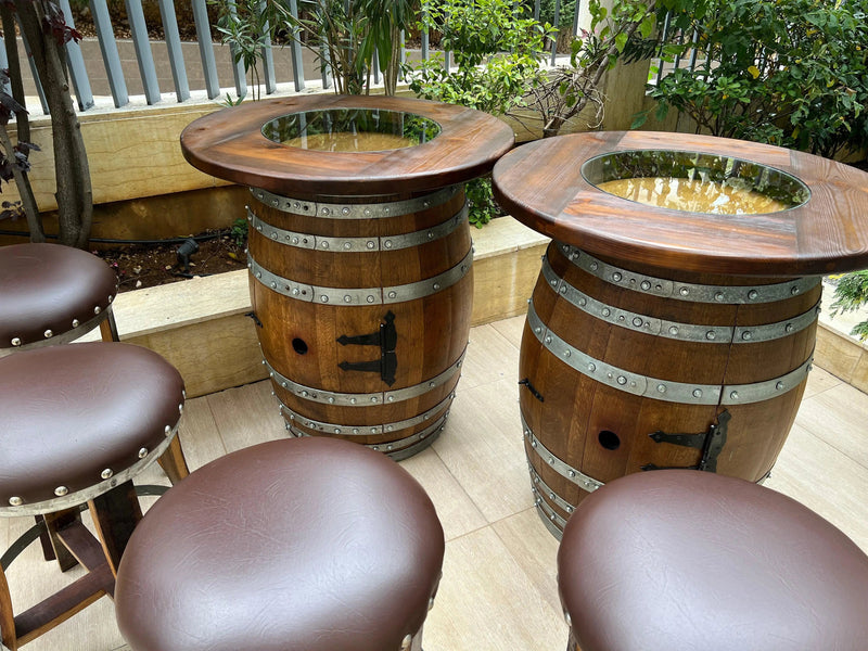 Double Oak Barrel Pub Table Set, Bourbon Wine Barrel Cabinet, Door Storage with Stemware Shelf, Barrel Cabinet, Barrel Bar, Whiskey Barrel Bar, Liquor, Wine Barrel Cabinet