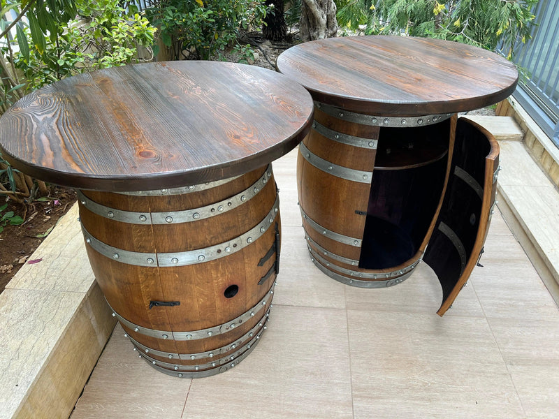 Double Oak Barrel Pub Table Set, Bourbon Wine Barrel Cabinet, Door Storage with Stemware Shelf, Barrel Cabinet, Barrel Bar, Whiskey Barrel Bar, Liquor, Wine Barrel Cabinet