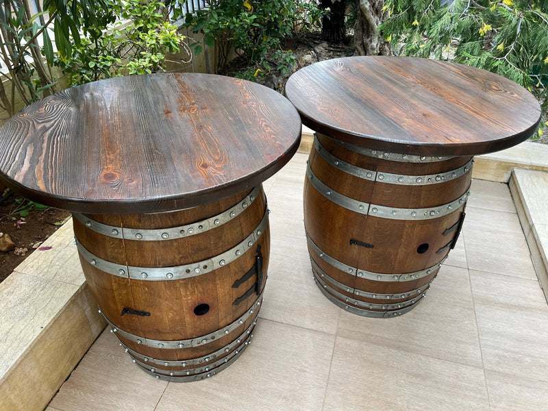 Double Oak Barrel Pub Table Set, Bourbon Wine Barrel Cabinet, Door Storage with Stemware Shelf, Barrel Cabinet, Barrel Bar, Whiskey Barrel Bar, Liquor, Wine Barrel Cabinet