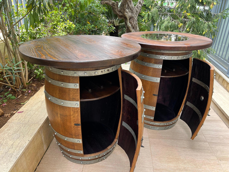 Double Oak Barrel Pub Table Set, Bourbon Wine Barrel Cabinet, Door Storage with Stemware Shelf, Barrel Cabinet, Barrel Bar, Whiskey Barrel Bar, Liquor, Wine Barrel Cabinet