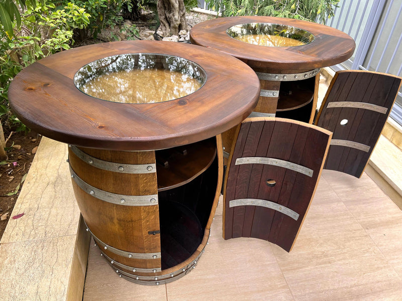 Double Oak Barrel Pub Table Set, Bourbon Wine Barrel Cabinet, Door Storage with Stemware Shelf, Barrel Cabinet, Barrel Bar, Whiskey Barrel Bar, Liquor, Wine Barrel Cabinet