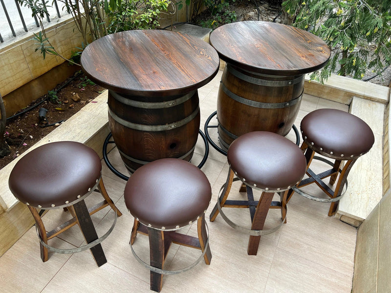 Double Oak Barrel Bistro Pub Table Set,  Bourbon Wine Barrel, Footrail Footrest Comfort, Barrel Cabinet, Barrel Bar, Whiskey Barrel Bar, Liquor, Wine Barrel Cabinet