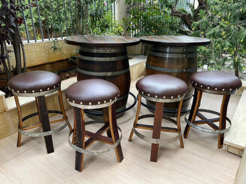 Double Oak Barrel Bistro Pub Table Set,  Bourbon Wine Barrel, Footrail Footrest Comfort, Barrel Cabinet, Barrel Bar, Whiskey Barrel Bar, Liquor, Wine Barrel Cabinet