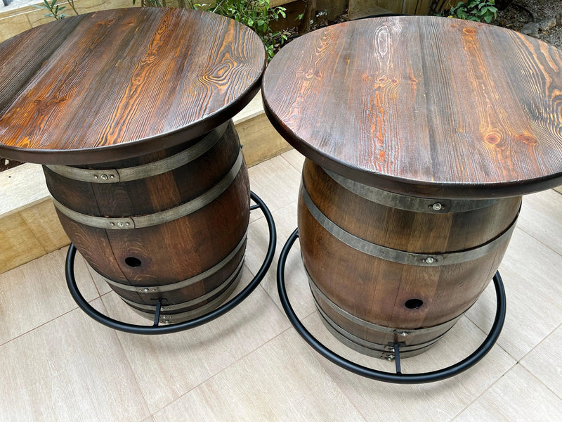 Double Oak Barrel Bistro Pub Table Set,  Bourbon Wine Barrel, Footrail Footrest Comfort, Barrel Cabinet, Barrel Bar, Whiskey Barrel Bar, Liquor, Wine Barrel Cabinet