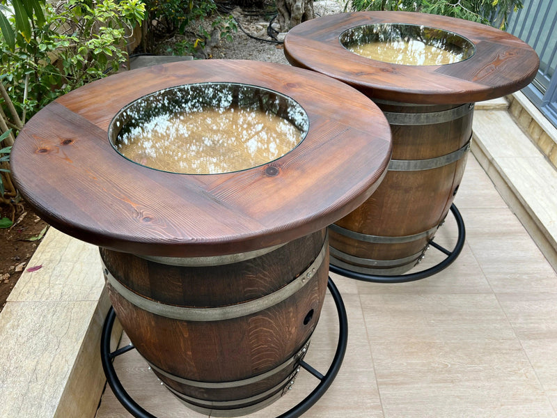 Double Oak Barrel Bistro Pub Table Set,  Bourbon Wine Barrel, Footrail Footrest Comfort, Barrel Cabinet, Barrel Bar, Whiskey Barrel Bar, Liquor, Wine Barrel Cabinet