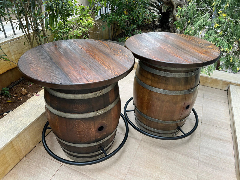 Double Oak Barrel Bistro Pub Table Set,  Bourbon Wine Barrel, Footrail Footrest Comfort, Barrel Cabinet, Barrel Bar, Whiskey Barrel Bar, Liquor, Wine Barrel Cabinet