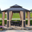 [13X15FT] Alora Double-Tier Hexagonal Metal Hardtop Patio Gazebo With Curtains (SAK84137)