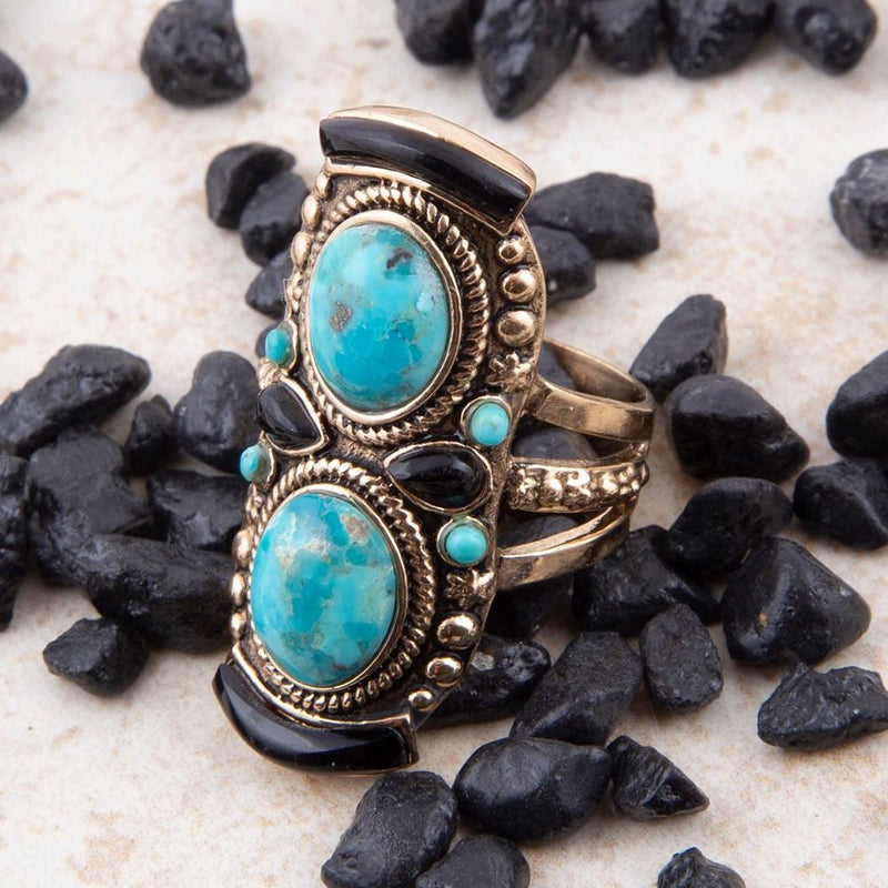 Double Up Blue Turquoise and Black Onyx Golden Ring