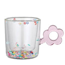 Double wall glass mug with glitter flowers for kitchen and dining room by Decorbites