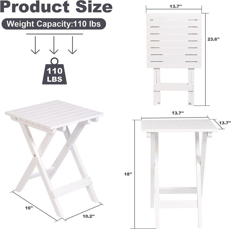 Outdoor Wooden Folding Square Side Table, Portable Lounge End Table, White