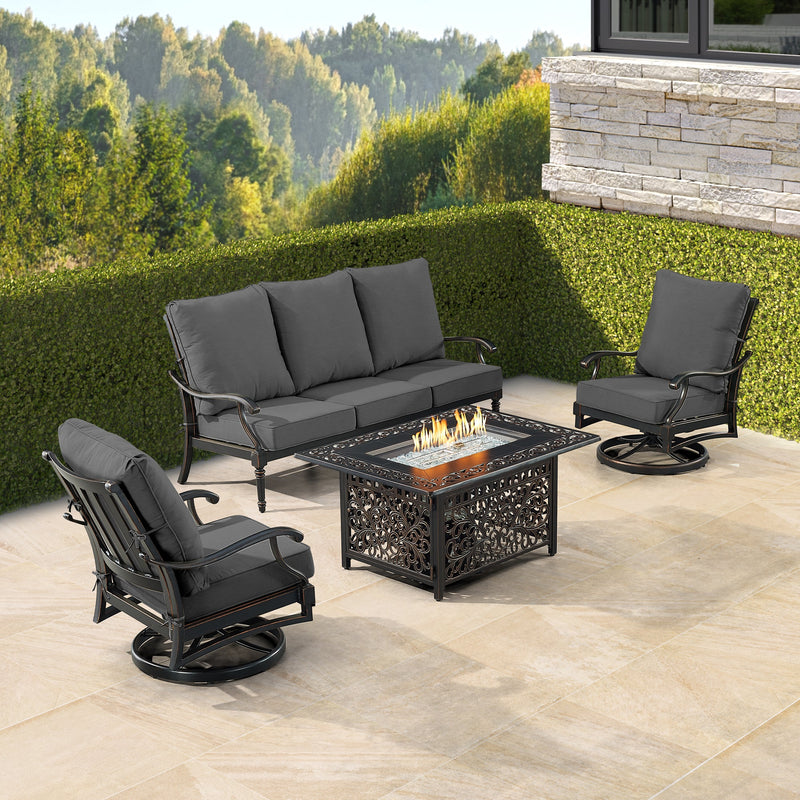 Black Aluminum Fire Table Set with Sofa and Two Club Chairs