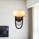GobekUsa Drum Wall Sconce: Lodge Style Fabric Lamp with Crystal Bead Detail, 2 Bulbs and U-Shaped Arm in Black