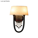 GobekUsa Drum Wall Sconce: Lodge Style Fabric Lamp with Crystal Bead Detail, 2 Bulbs and U-Shaped Arm in Black