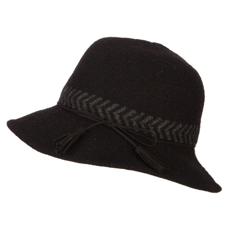 Women's Wool Designed Crown Suede Tie with Tassels Yarn Bucket Hat