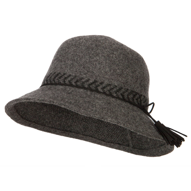 Women's Wool Designed Crown Suede Tie with Tassels Yarn Bucket Hat
