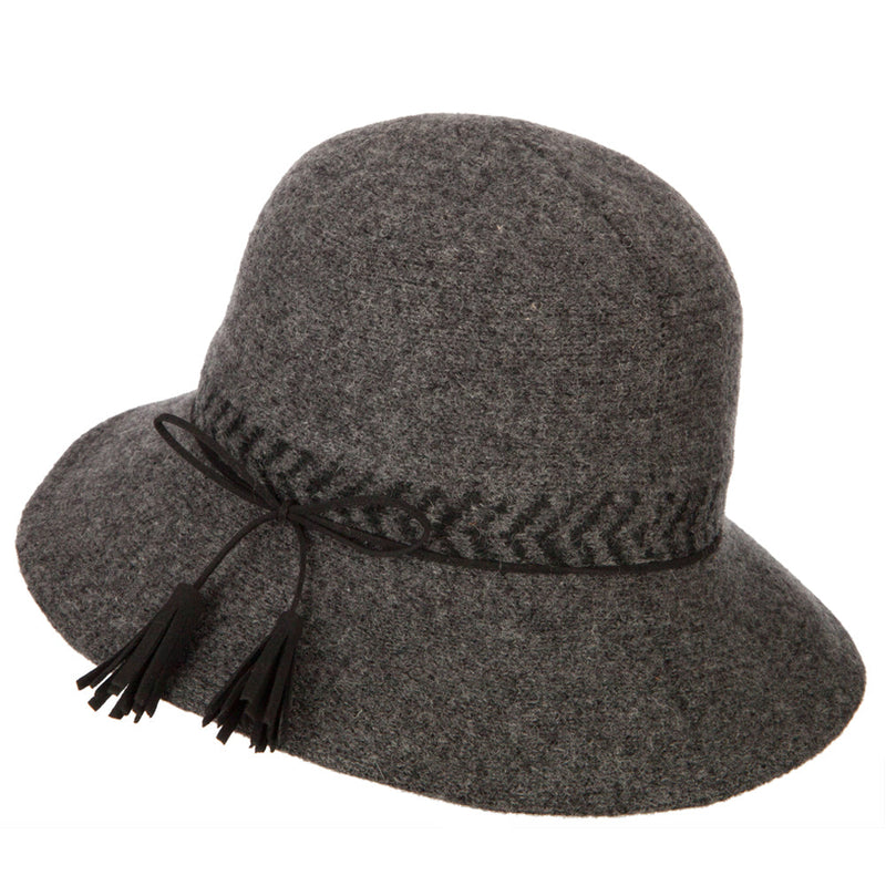 Women's Wool Designed Crown Suede Tie with Tassels Yarn Bucket Hat