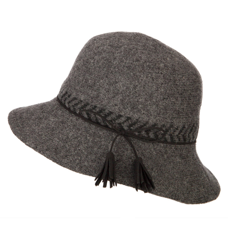 Women's Wool Designed Crown Suede Tie with Tassels Yarn Bucket Hat