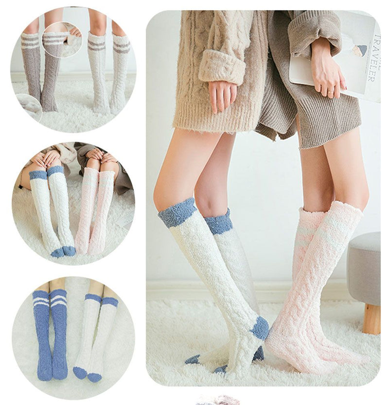 3 Pairs Stripes Knee High Soft Fuzzy Sock for Womens Indoor Outdoor Warm