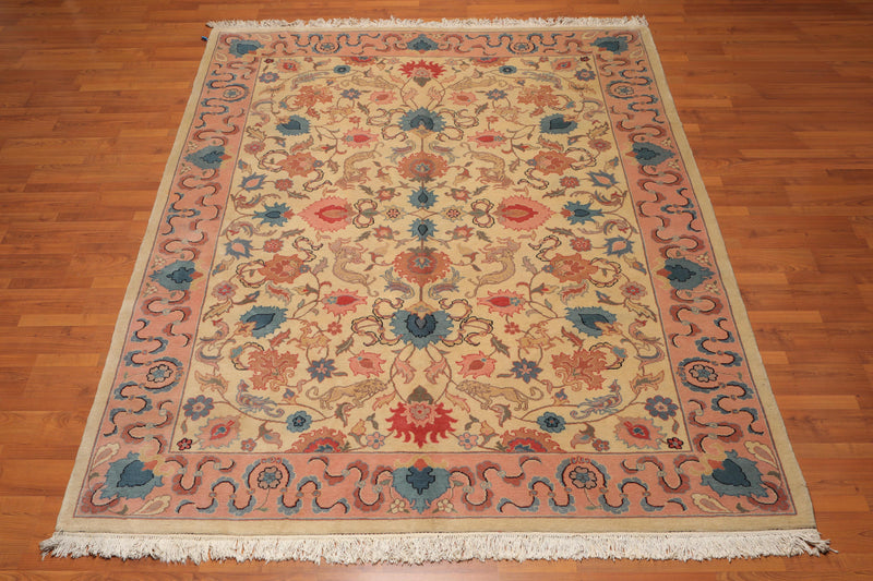 7'10" x 9’8" Hand Knotted Romanian Kaashaan Hunting Wool Oriental Area Rug Beige