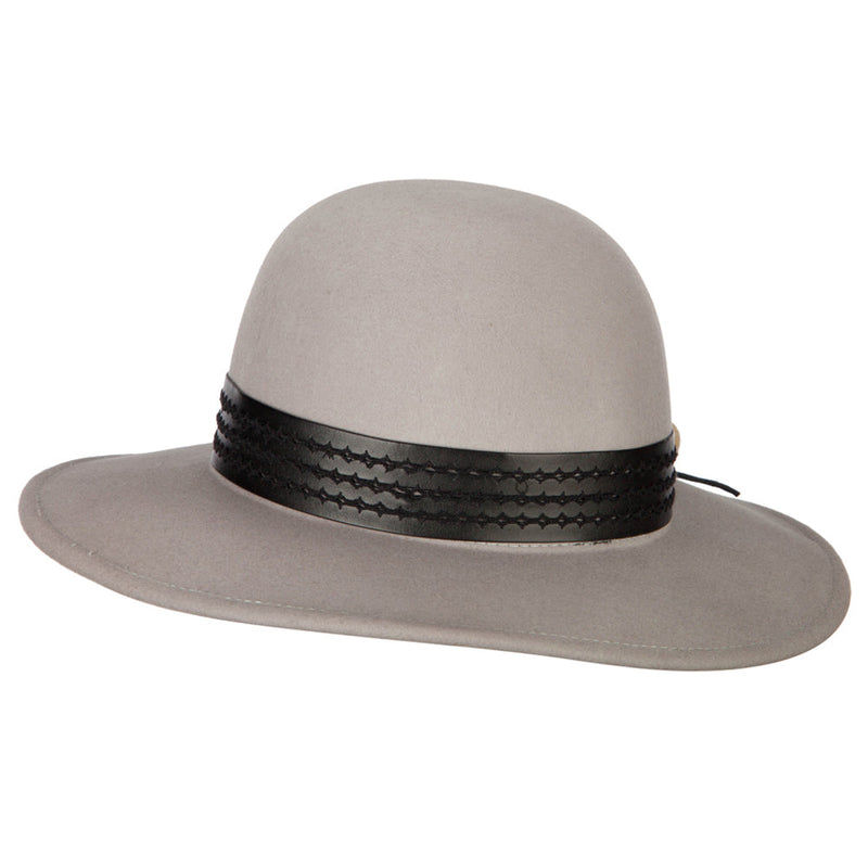 Women's Band with Pom Pom Accented Large Brim Bowler Wool Fedora Hat