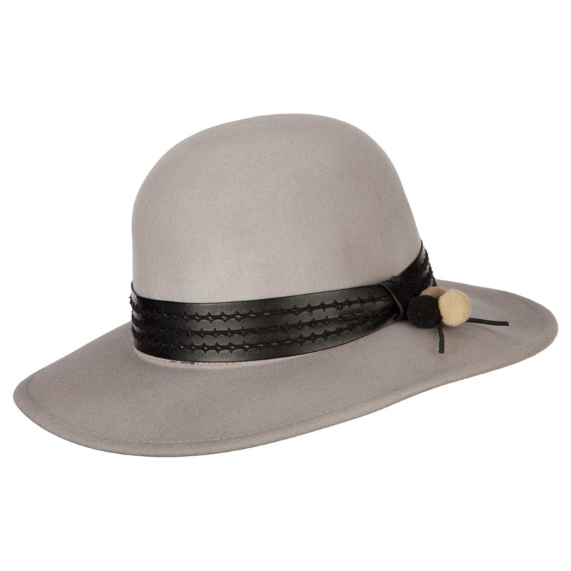 Women's Band with Pom Pom Accented Large Brim Bowler Wool Fedora Hat