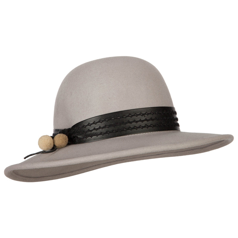 Women's Band with Pom Pom Accented Large Brim Bowler Wool Fedora Hat