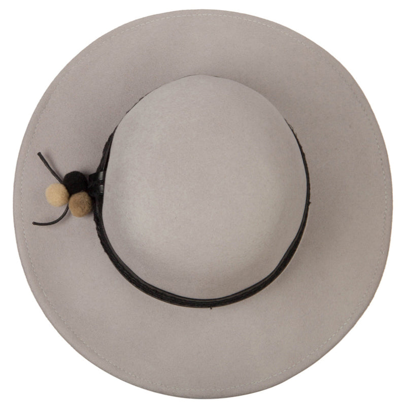 Women's Band with Pom Pom Accented Large Brim Bowler Wool Fedora Hat