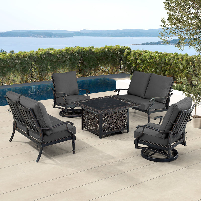 Black Aluminum Fire Table Set with Two Loveseats and Two Club Chairs