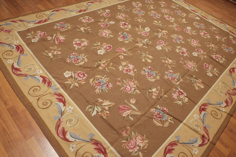 9' x 12' Hand woven Wool French Aubusson Needlepoint Area rug Brown