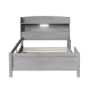 Wood Platform Bed With Built In LED Light, Storage Headboard And Guardrail