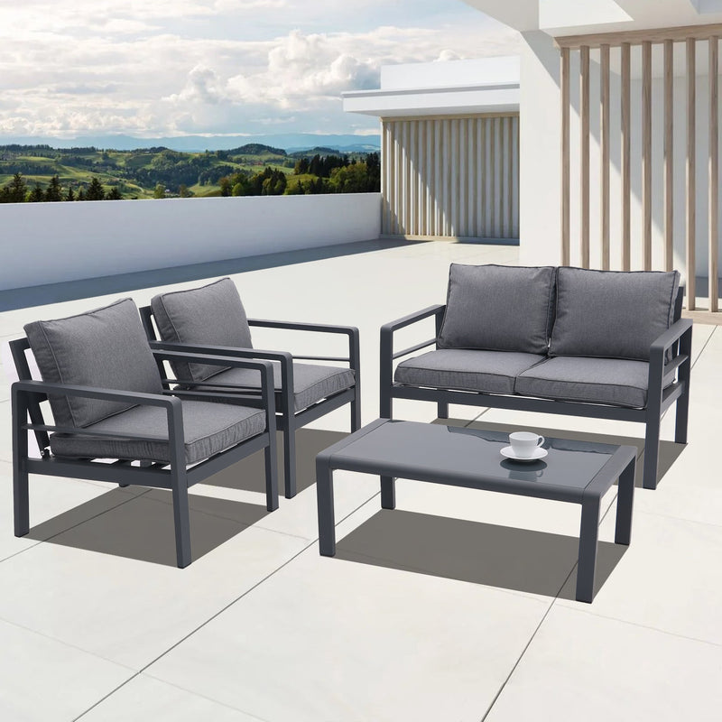 4-piece Aluminum Outdoor Patio Conversation Set,All-Weather Sectional Sofa Outside Furniture with Removable Cushions and Tempered Glass Coffee Table for Courtyard,Poolside,Deck,Balcony(Grey)