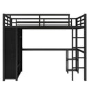 Full Size Loft Bed Frame with Built-in Wardrobe, Metal Loft Bed with Desk and Storage Shelves