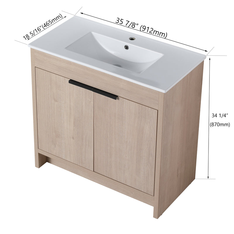 Walker Edison - 36 Inch Freestanding Bathroom Vanity with White Ceramic Sink & 2 Soft-Close Cabinet Doors