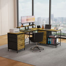 Industrial L Shaped Computer Desk With Power Outlets & USB-C, 6 Fabric Drawers, 3 Open Shelves, Movable Monitor Stands - Brown by HouseOfZazla