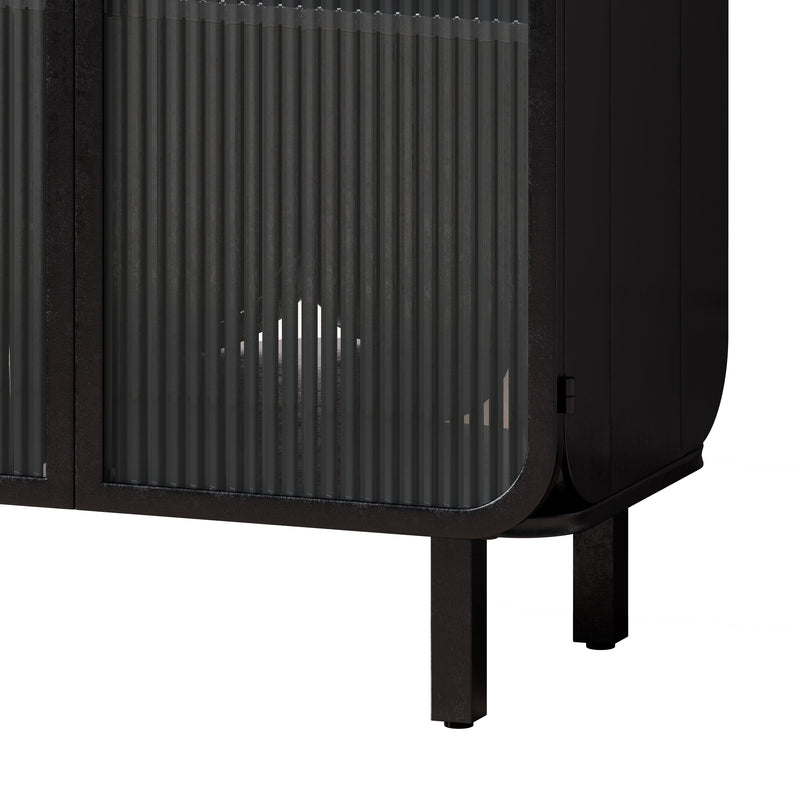 28.35" Glass Doors Modern Two-door Cabinet with Featuring Three-tier Storage, Unique Fir Cabinet Top, for Entryway, Living Room, Home Office, Dining Room