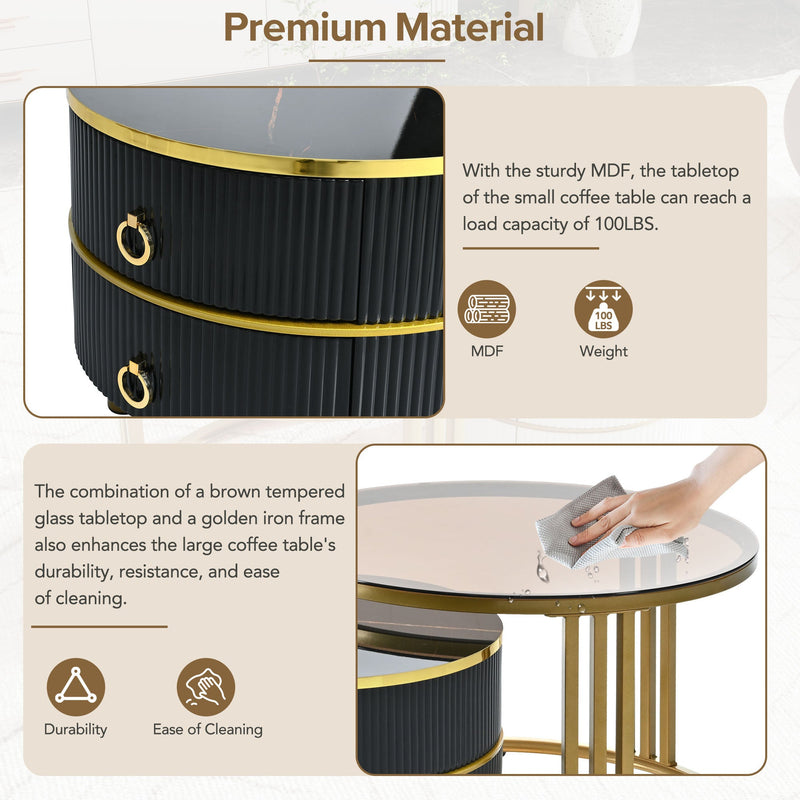 27.5" & 19.6" Stackable Coffee Table with 2 Drawers, Nesting Tables with Brown Tempered Glass and High Gloss Marble Tabletop, Set of 2, Round Center Table for Living Room, Black