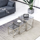 3 Pieces Silver Square Nesting Glass End Tables- Small Coffee Table Set- Stainless Steel Small Coffee Tables with Dark Gray Tempered Glass- 18" Modern Minimalist Side Table for Living Room (Curve)