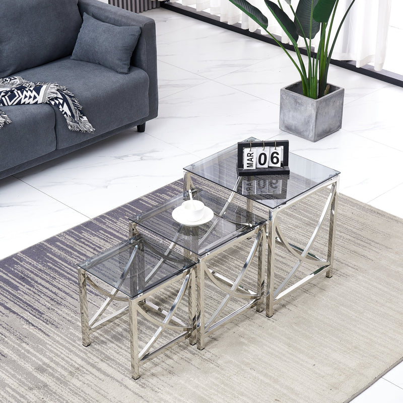 3 Pieces Silver Square Nesting Glass End Tables- Small Coffee Table Set- Stainless Steel Small Coffee Tables with Dark Gray Tempered Glass- 18" Modern Minimalist Side Table for Living Room (Curve)