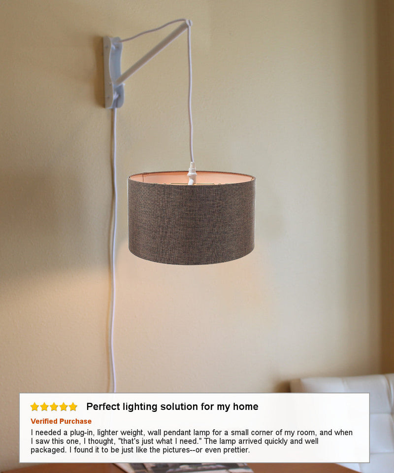 MAST Plug-In Wall Mount Pendant, 2 Light White Cord/Arm with Diffuser, Chocolate Burlap Shade 16x16x08